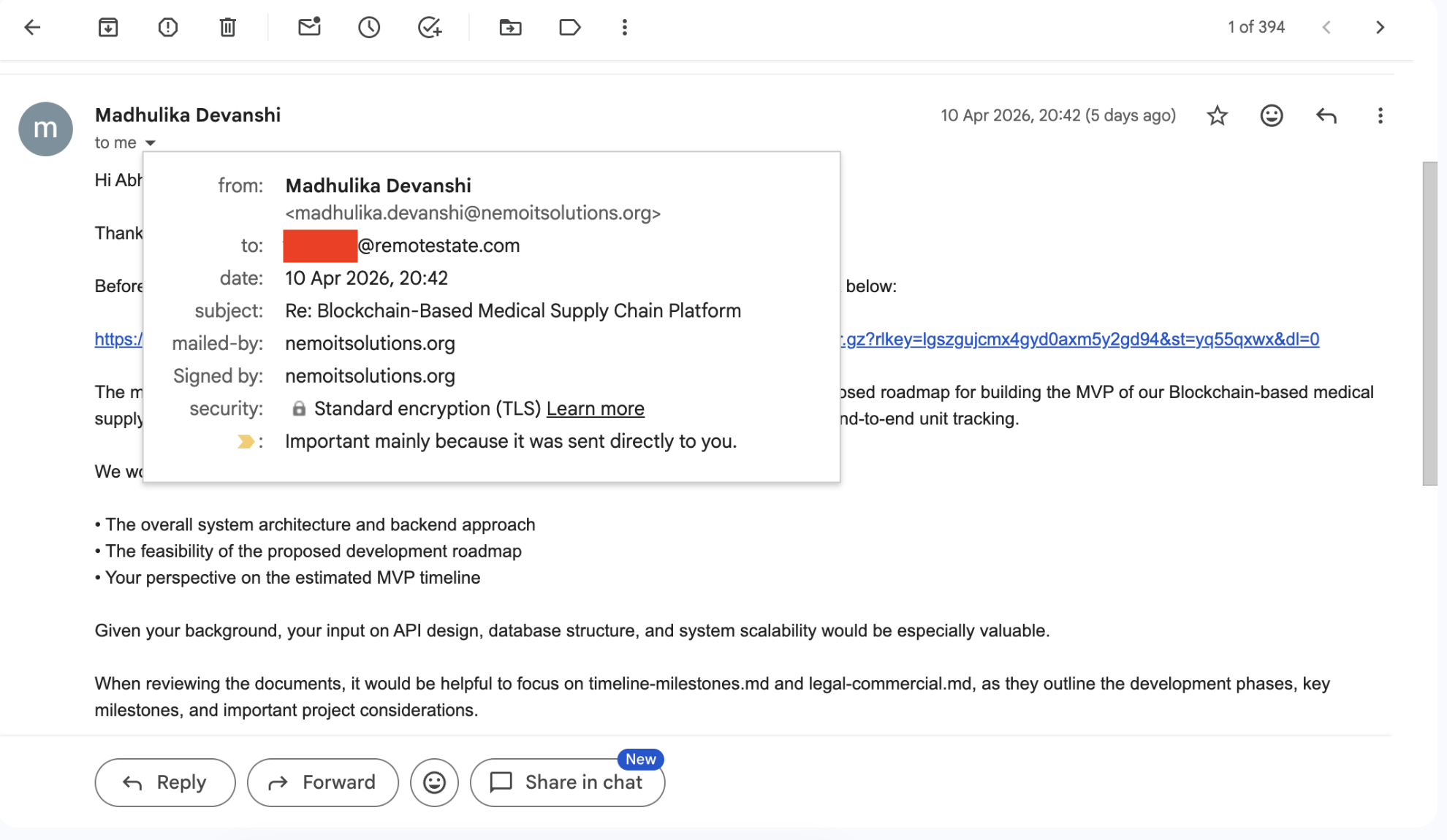Screenshot of the lure email from madhulika.devanshi at nemoitsolutions dot org, subject 'Re: Blockchain-Based Medical Supply Chain Platform', containing a Dropbox link and instructions to focus review on two specific markdown files