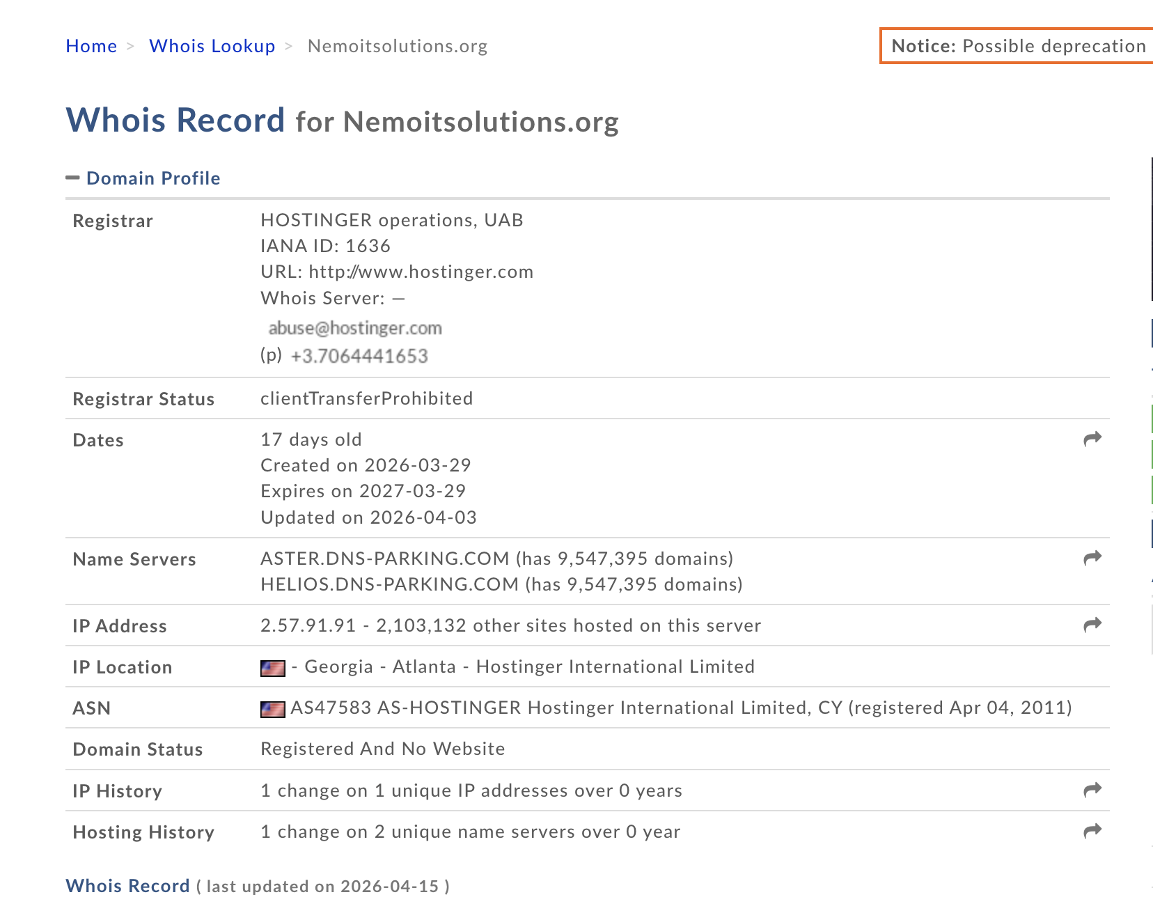 Whois record for nemoitsolutions.org showing a domain 17 days old, registered through Hostinger, parked on DNS-PARKING name servers, with no website